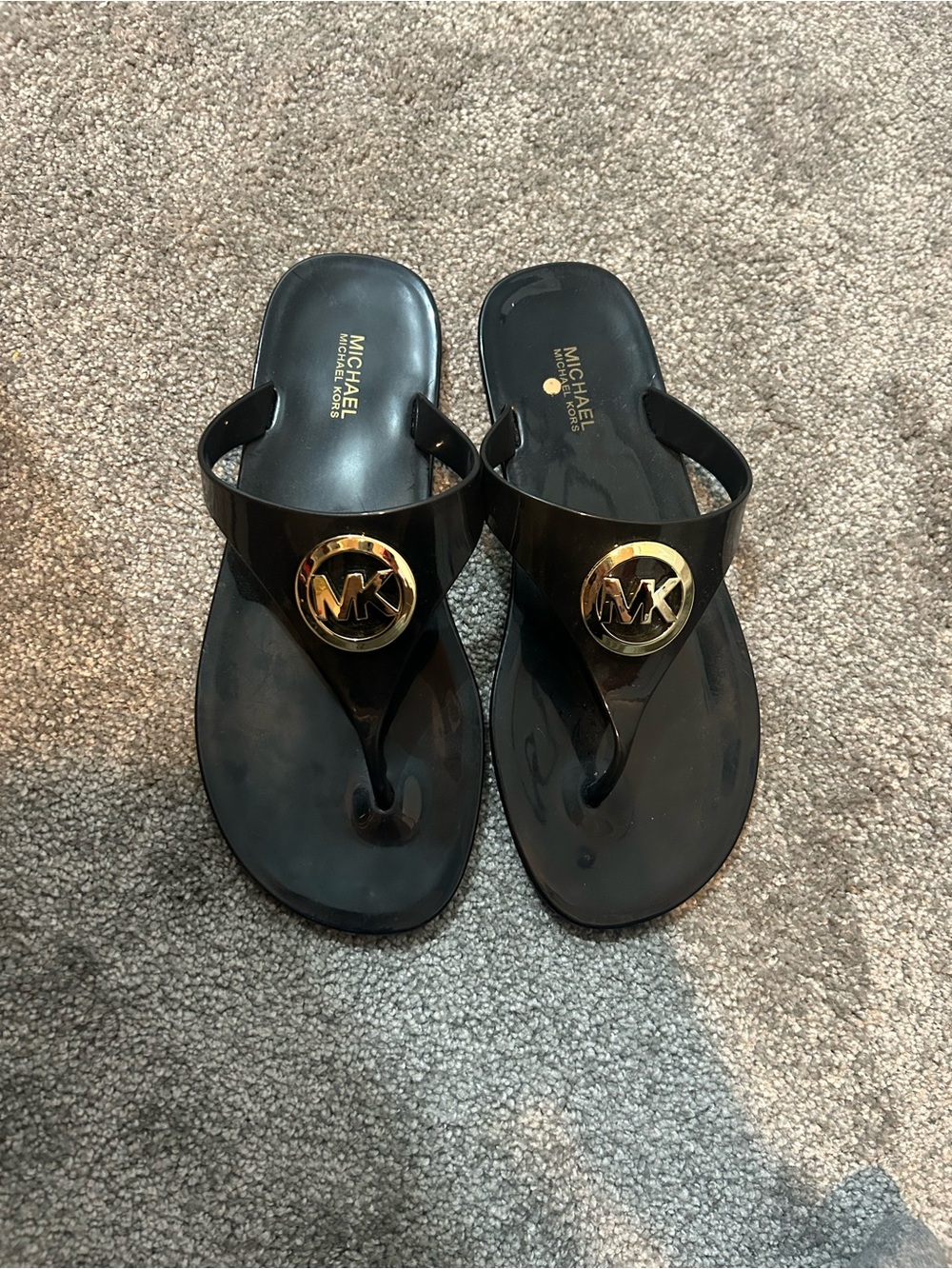 Michael Kors Black Jelly Thong Sandals with Gold MK Medallion